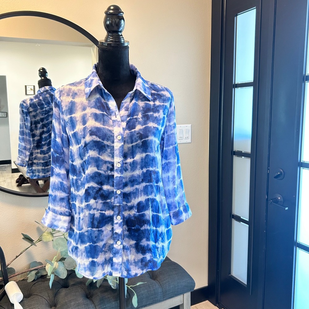 Chicos Blue White Tie Dye Button Down Shirt 3/4 Sleeve Size 0 XS 4501014677